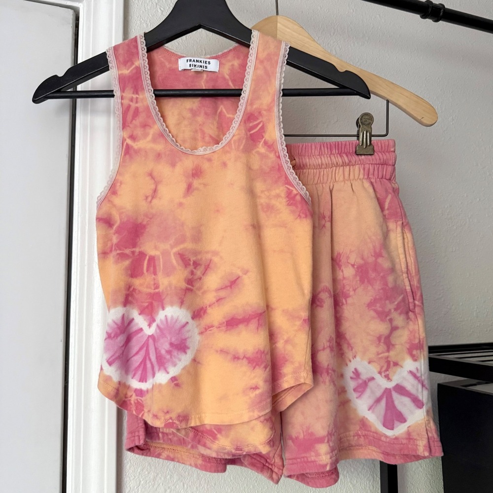 FRANKIE'S BIKINIS pink orange tie dye heart‎ lace trim tank top shorts set
